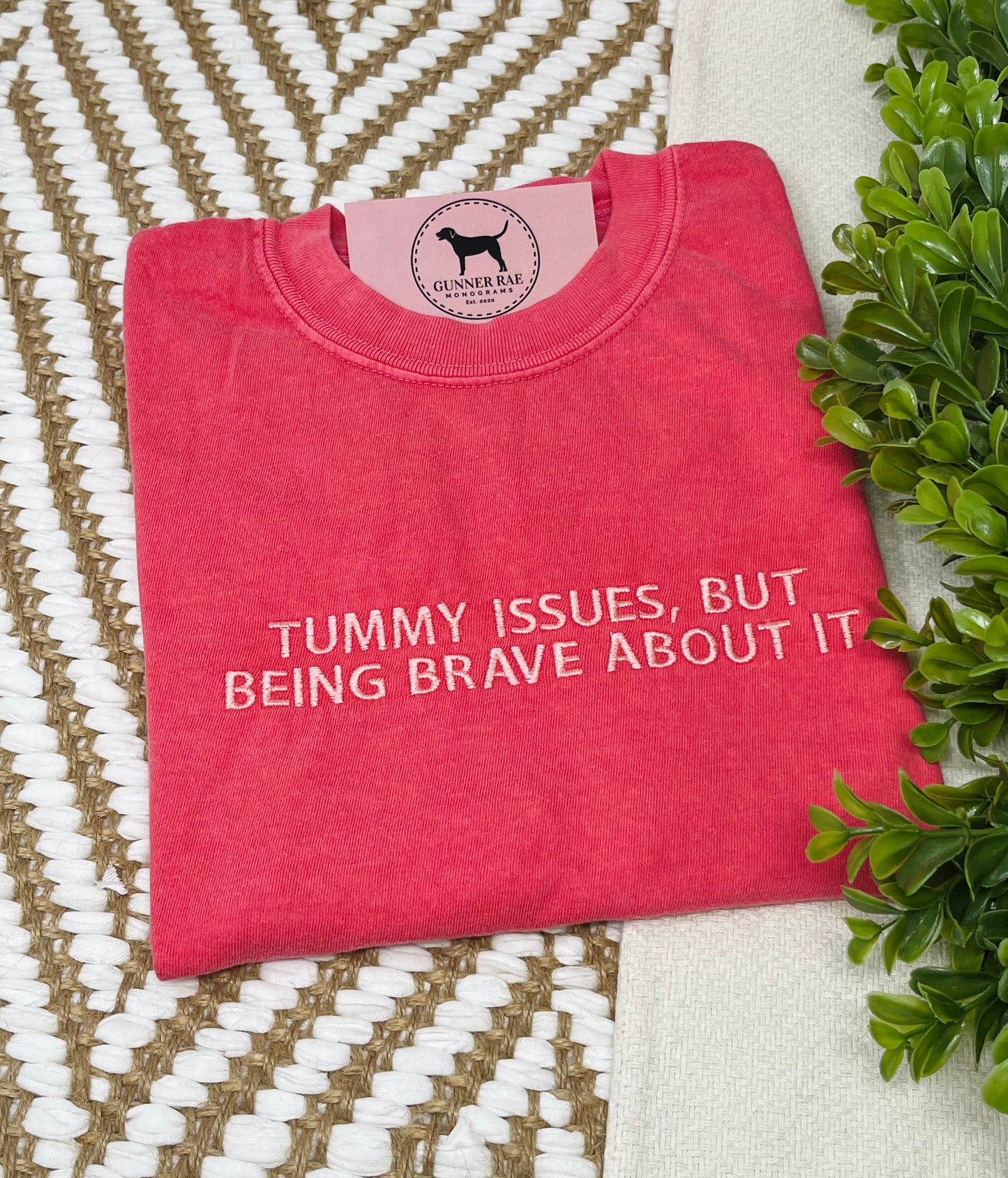 TUMMY ISSUES BUT BEING BRAVE ABOUT IT Custom Embroidered T-shirt or Sweatshirt