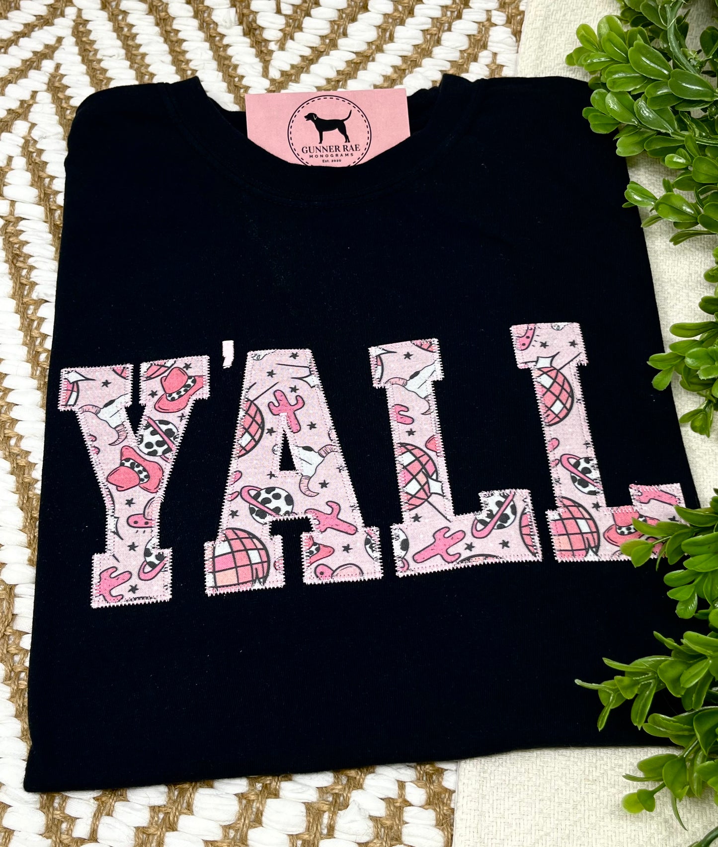 Y'ALL Applique Embroidered T-shirt or Sweatshirt (PINK & BLACK)