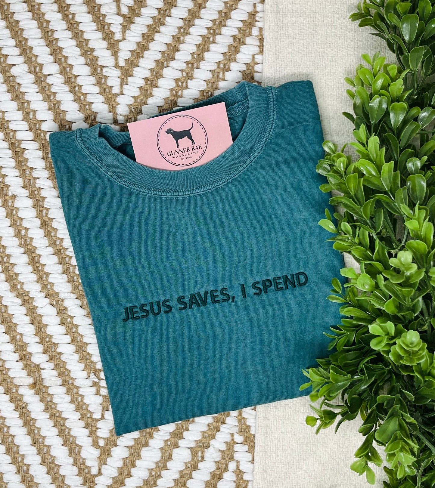 JESUS SAVES, I SPEND Custom Embroidered T-shirt or Sweatshirt