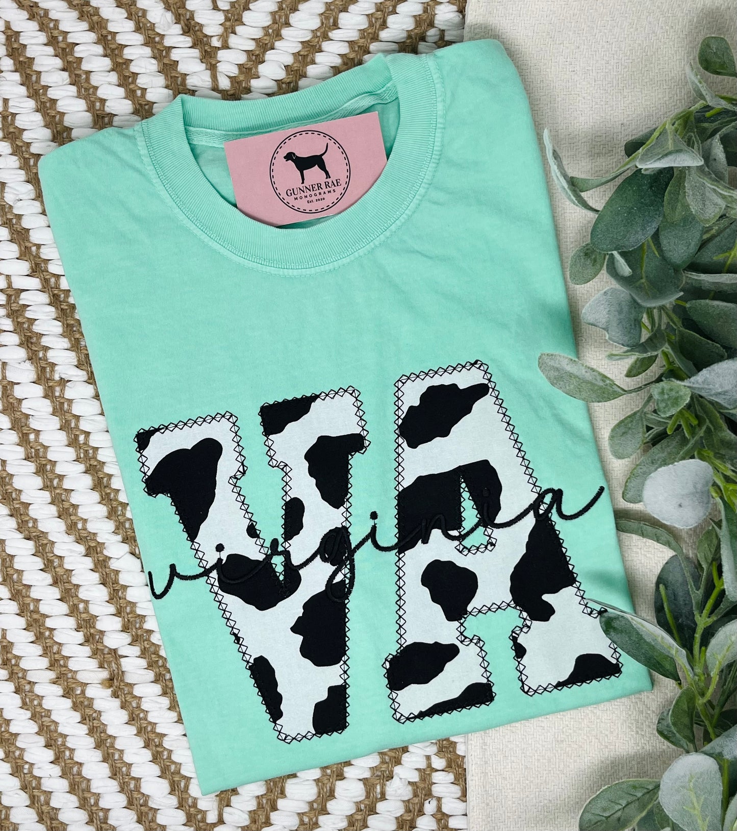 VA VIRGINIA Applique Embroidered T-shirt or Sweatshirt (BLACK COW PRINT)