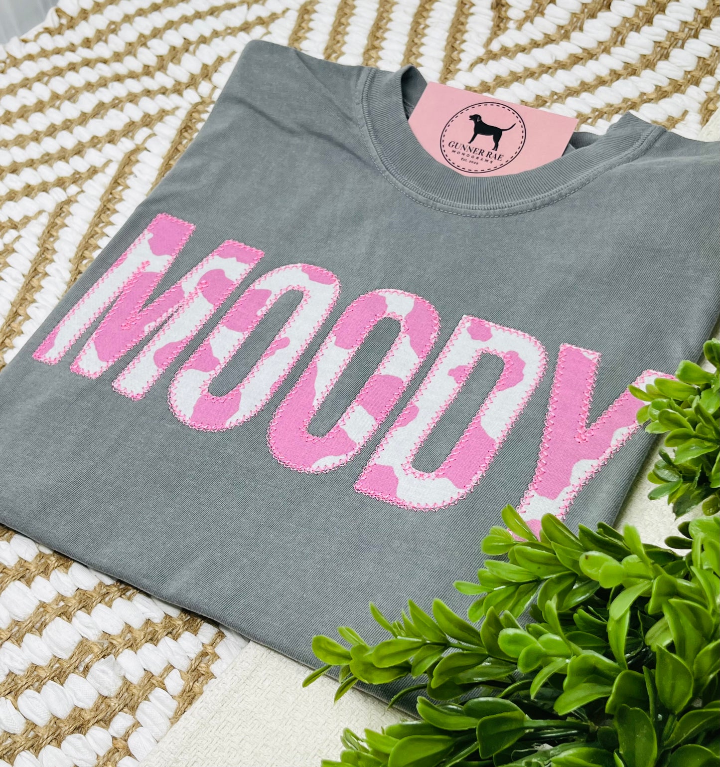 MOODY PINK COWPRINT Applique Embroidered T-shirt or Sweatshirt