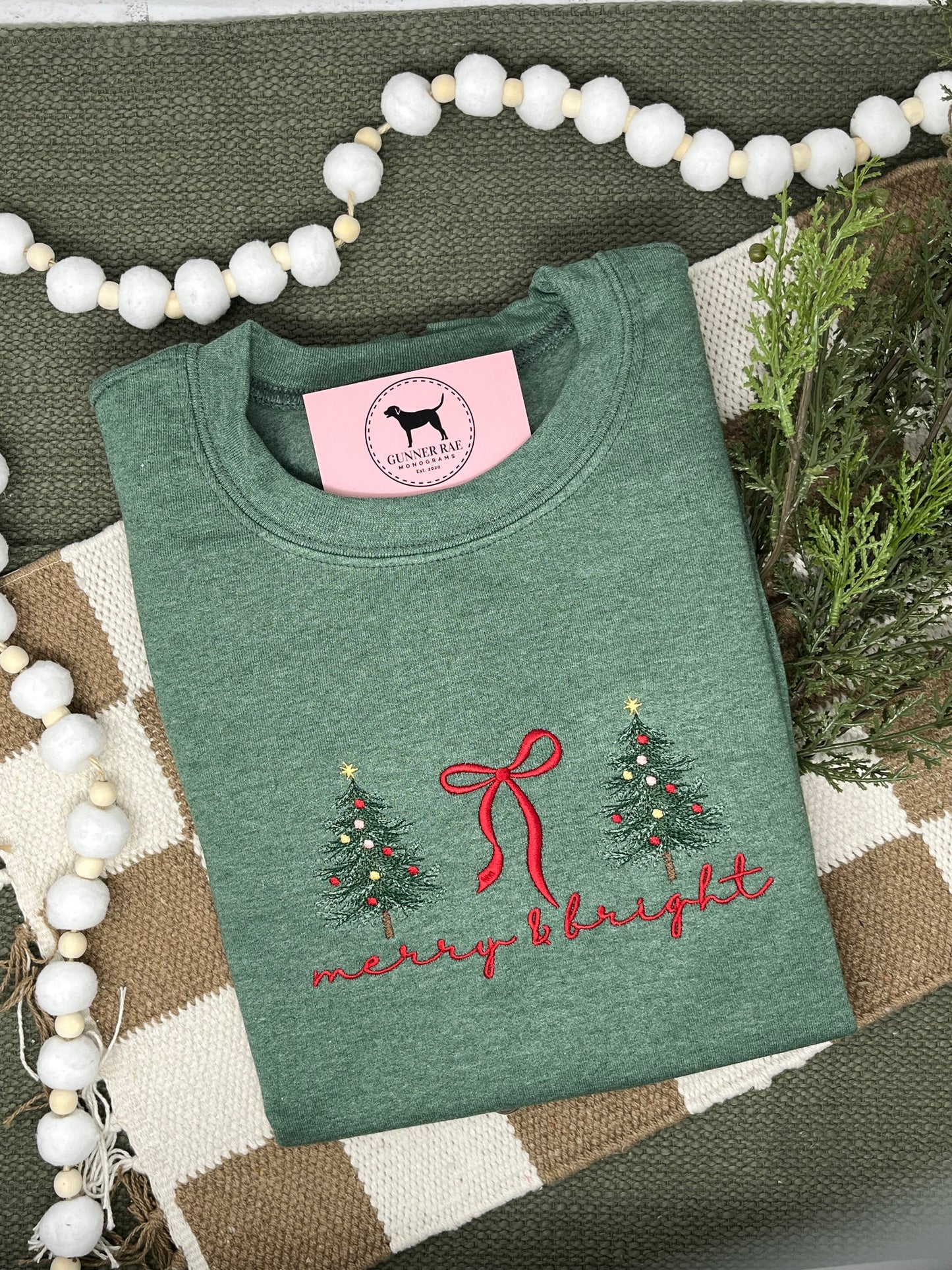 MERRY & BRIGHT BOW RED Embroidered T-shirt or Sweatshirt
