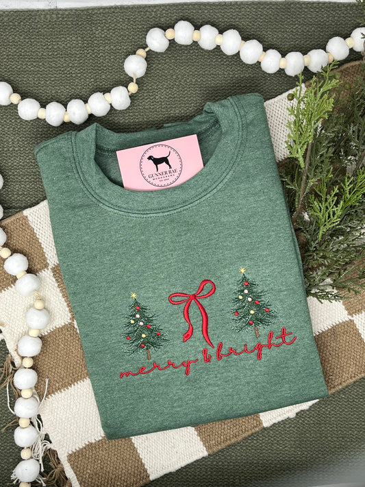 MERRY & BRIGHT BOW RED Embroidered T-shirt or Sweatshirt