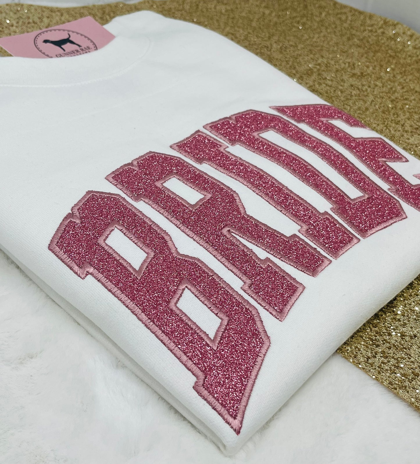 BRIDE ROSE PINK GLITTER Custom Applique Embroidered T-shirt or Sweatshirt