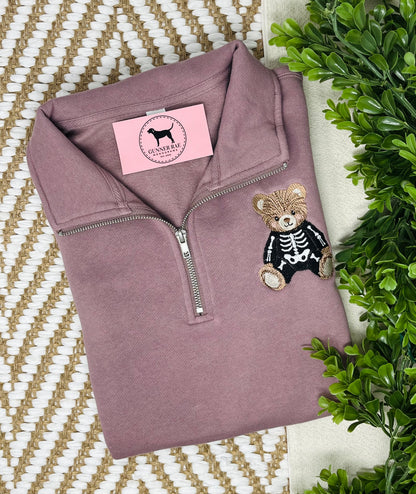 HALLOWEEN SKELETON BEAR Embroidered 1/4 Zip Sweatshirt