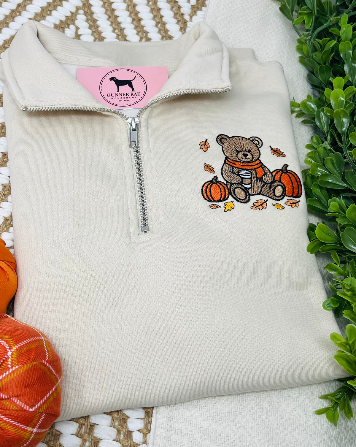 FALL BEAR Embroidered 1/4 Zip Sweatshirt