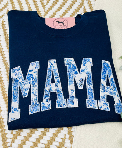 MAMA BLUE FLORAL Applique Embroidered T-shirt or Sweatshirt