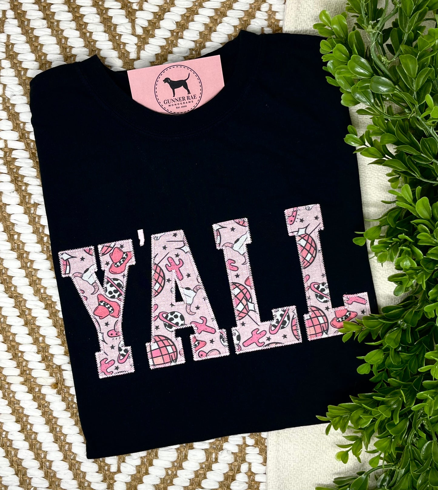 Y'ALL Applique Embroidered T-shirt or Sweatshirt (PINK & BLACK)