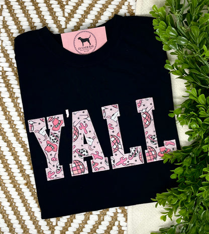 Y'ALL Applique Embroidered T-shirt or Sweatshirt (PINK & BLACK)