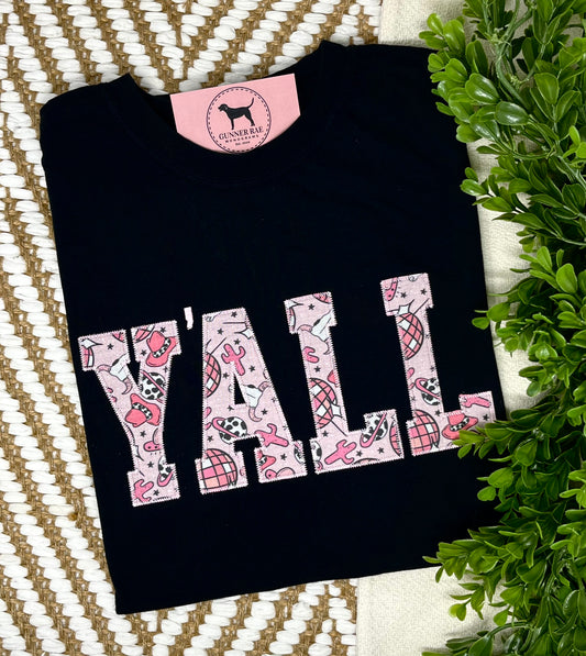 Y'ALL Applique Embroidered T-shirt or Sweatshirt (PINK & BLACK)
