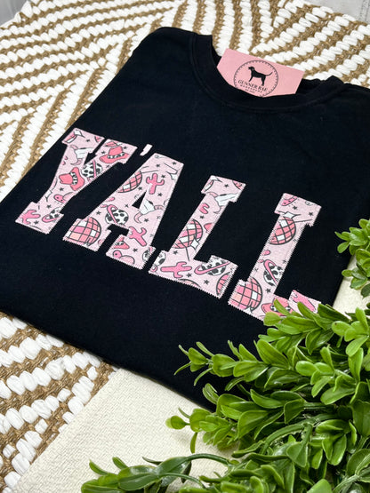Y'ALL Applique Embroidered T-shirt or Sweatshirt (PINK & BLACK)