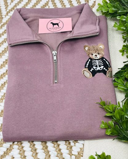 HALLOWEEN SKELETON BEAR Embroidered 1/4 Zip Sweatshirt
