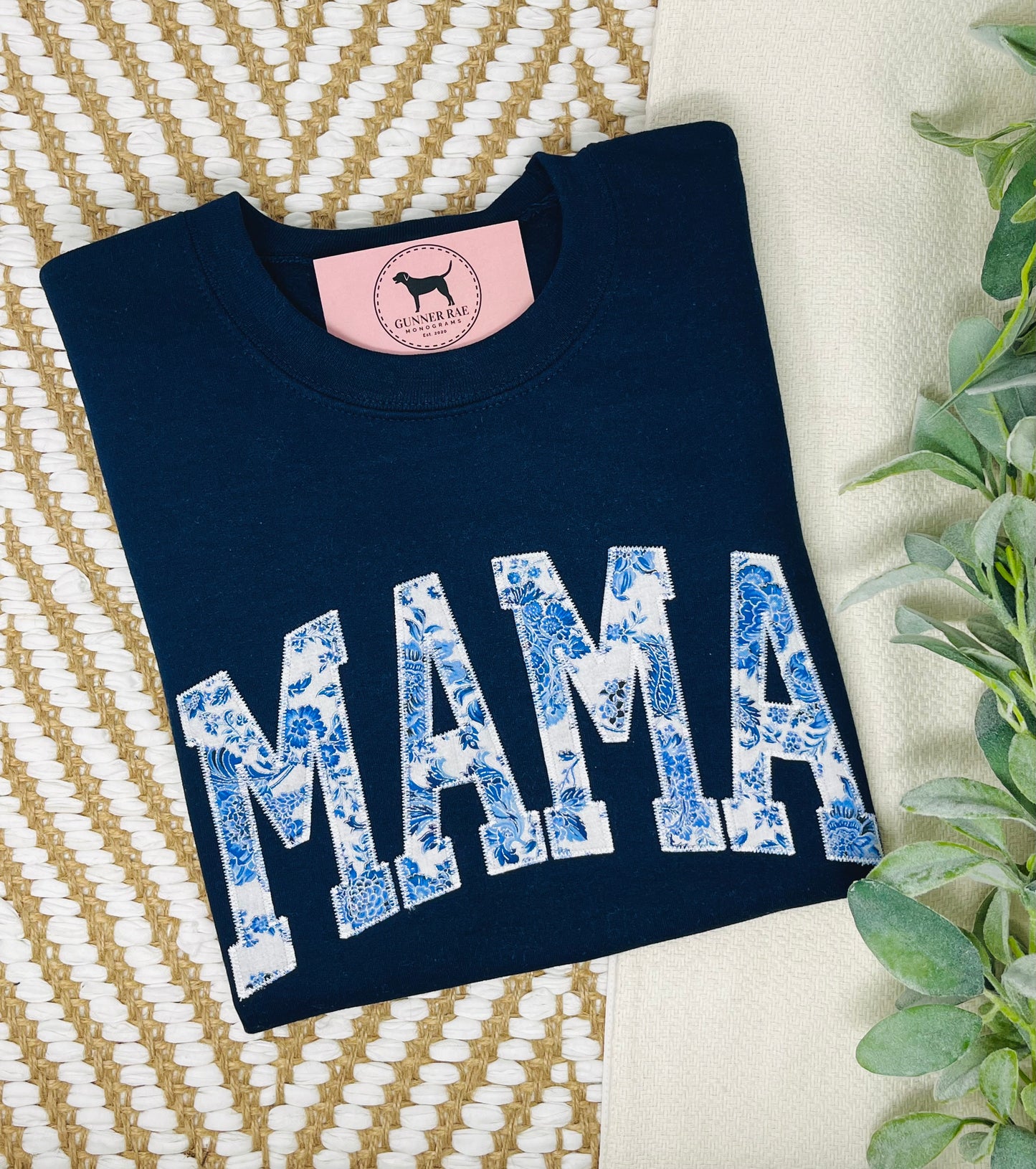 MAMA BLUE FLORAL Applique Embroidered T-shirt or Sweatshirt