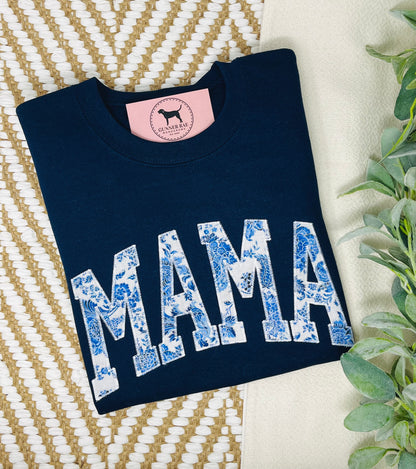 MAMA BLUE FLORAL Applique Embroidered T-shirt or Sweatshirt