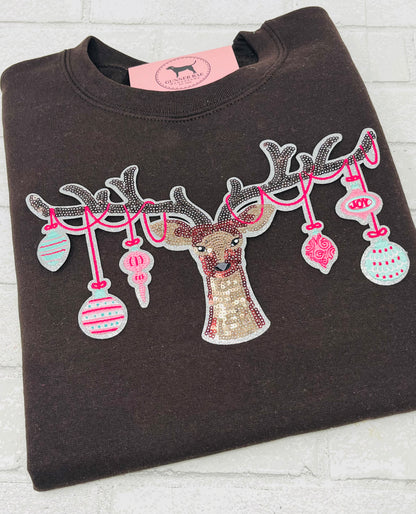 REINDEER ORNAMENTS SEQUIN PATCH T-shirt or Sweatshirt