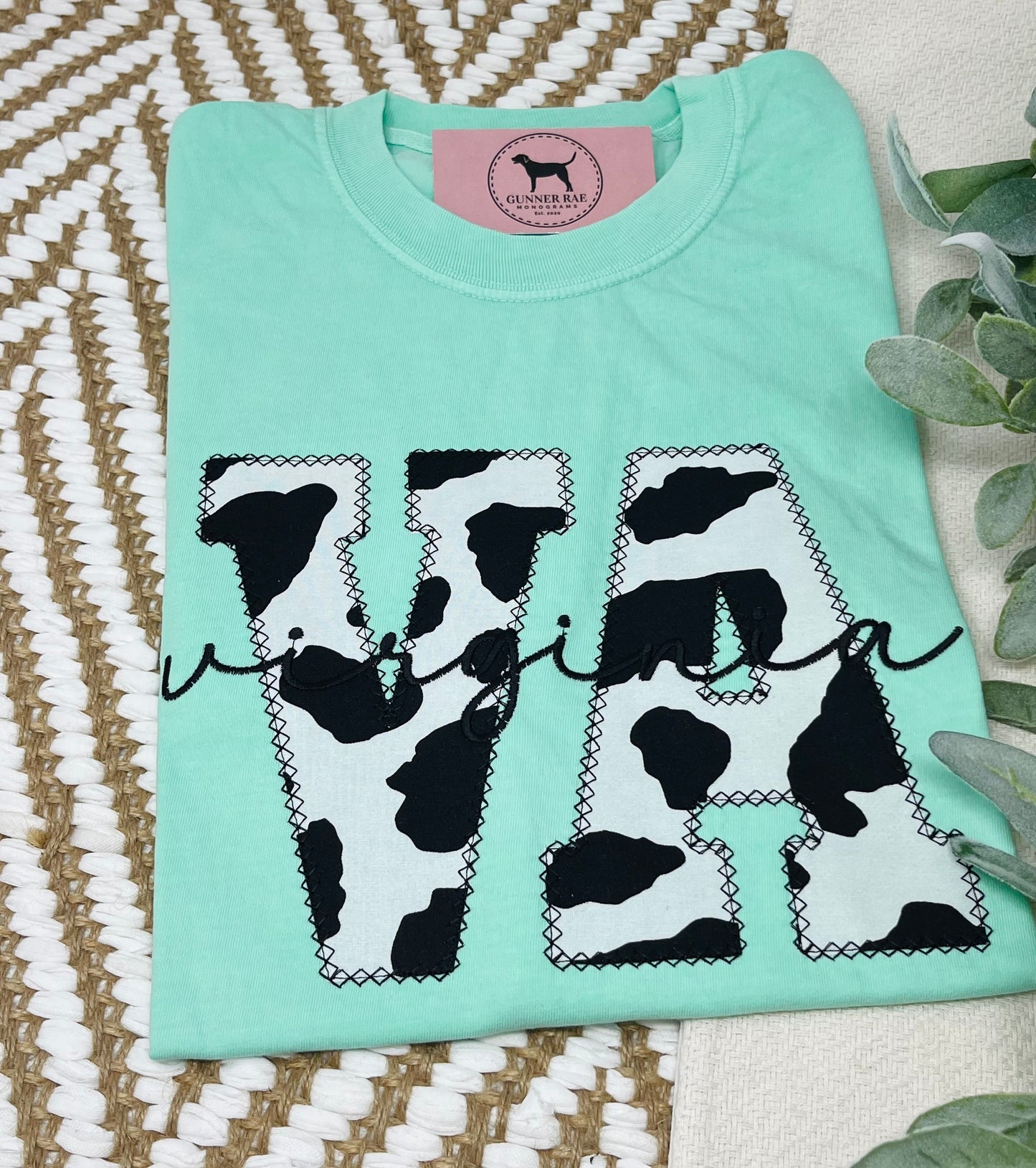 VA VIRGINIA Applique Embroidered T-shirt or Sweatshirt (BLACK COW PRINT)