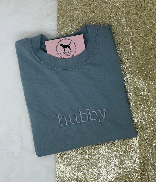 HUBBY Custom Embroidered T-shirt or Sweatshirt TYPEWRITER FONT