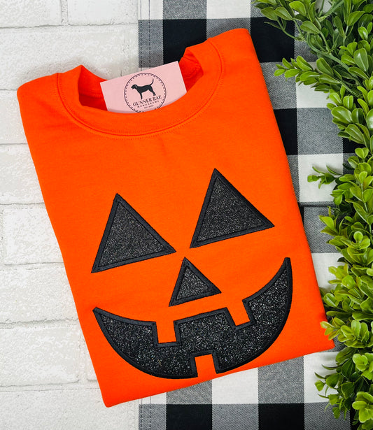 GLITTER JACK-O-LANTERN FACE Applique Embroidered T-shirt or Sweatshirt