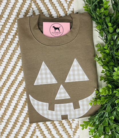 GINGHAM JACK-O-LANTERN FACE Applique Embroidered T-shirt or Sweatshirt
