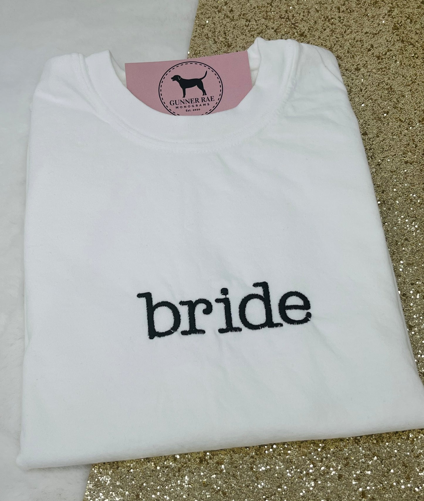 BRIDE Custom Embroidered T-shirt or Sweatshirt TYPEWRITER FONT