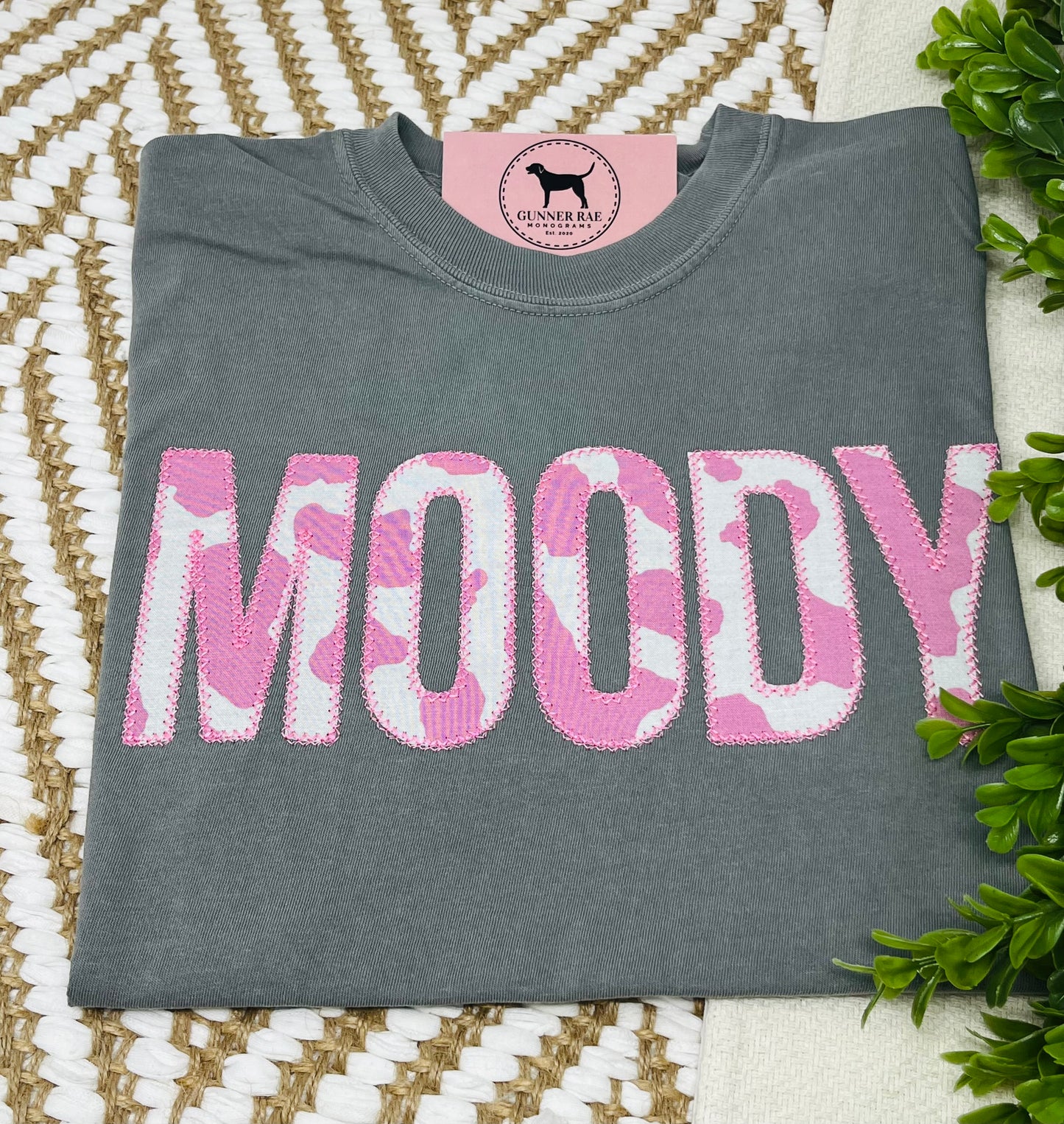 MOODY PINK COWPRINT Applique Embroidered T-shirt or Sweatshirt