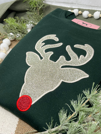 GLITTER CHRISTMAS DEER APPLIQUE Embroidered T-shirt or Sweatshirt