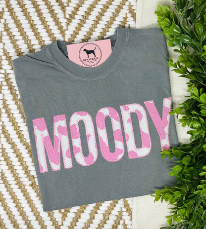 MOODY PINK COWPRINT Applique Embroidered T-shirt or Sweatshirt