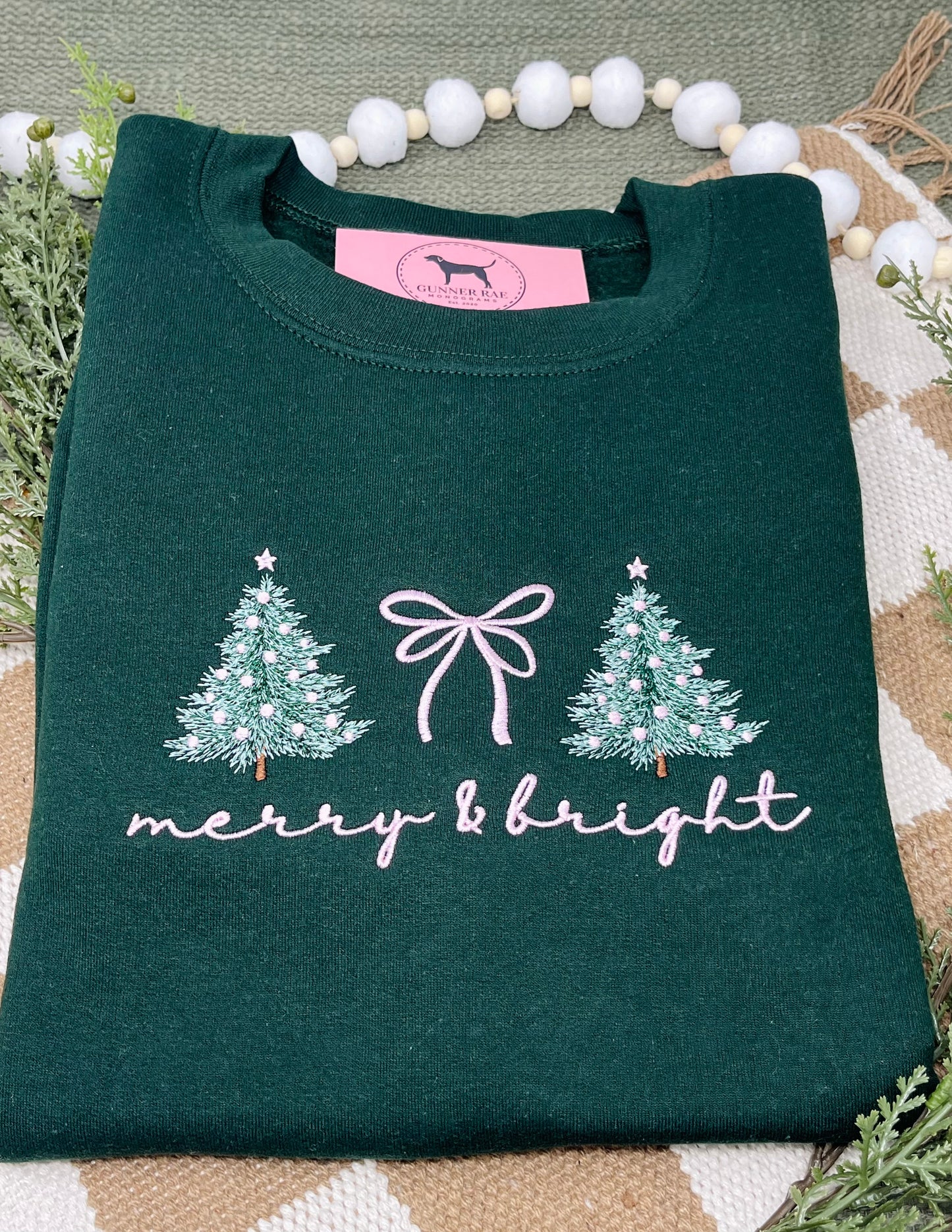 MERRY & BRIGHT BOW PINK Embroidered T-shirt or Sweatshirt