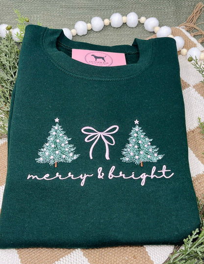 MERRY & BRIGHT BOW PINK Embroidered T-shirt or Sweatshirt