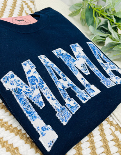 MAMA BLUE FLORAL Applique Embroidered T-shirt or Sweatshirt