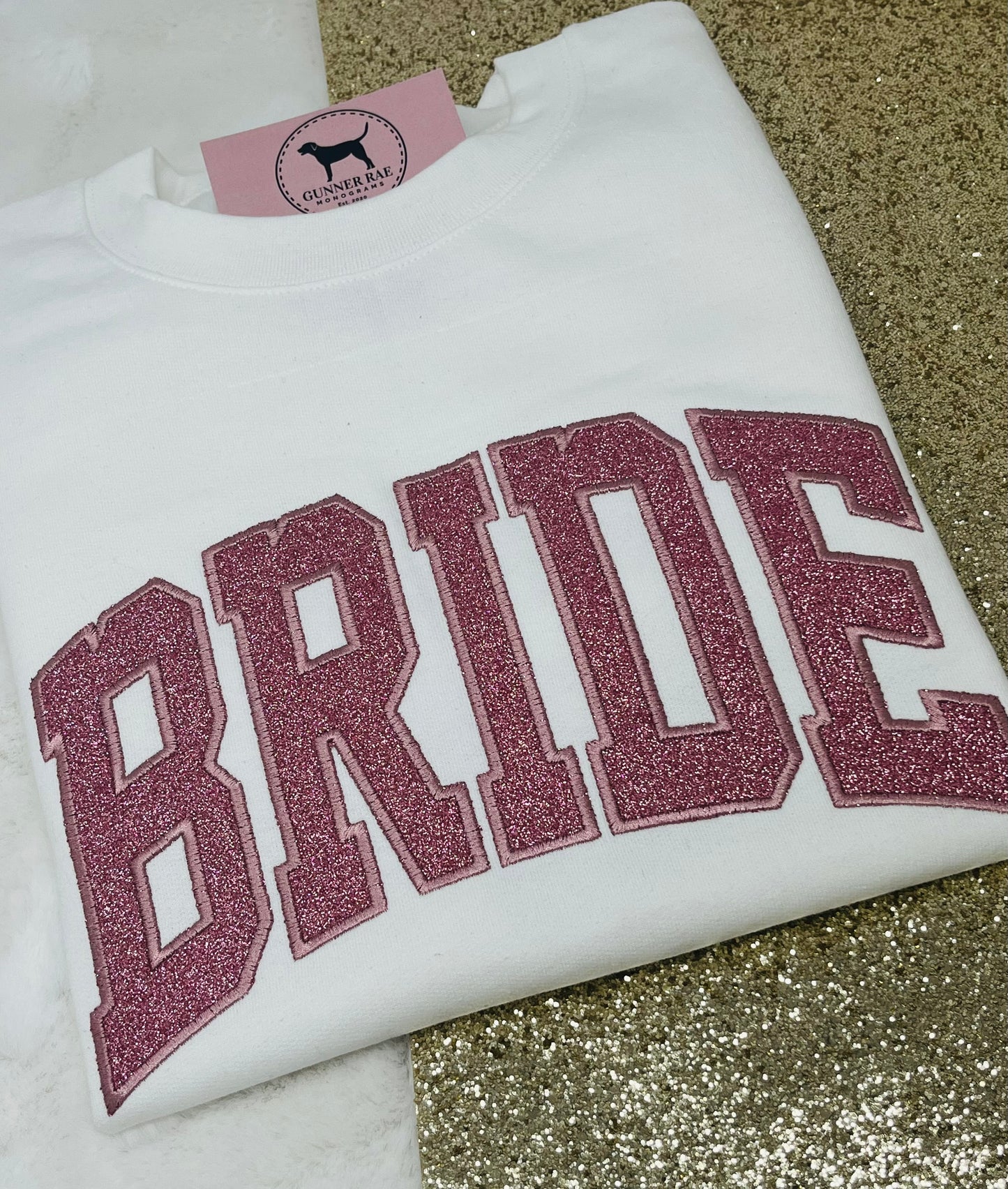 BRIDE ROSE PINK GLITTER Custom Applique Embroidered T-shirt or Sweatshirt