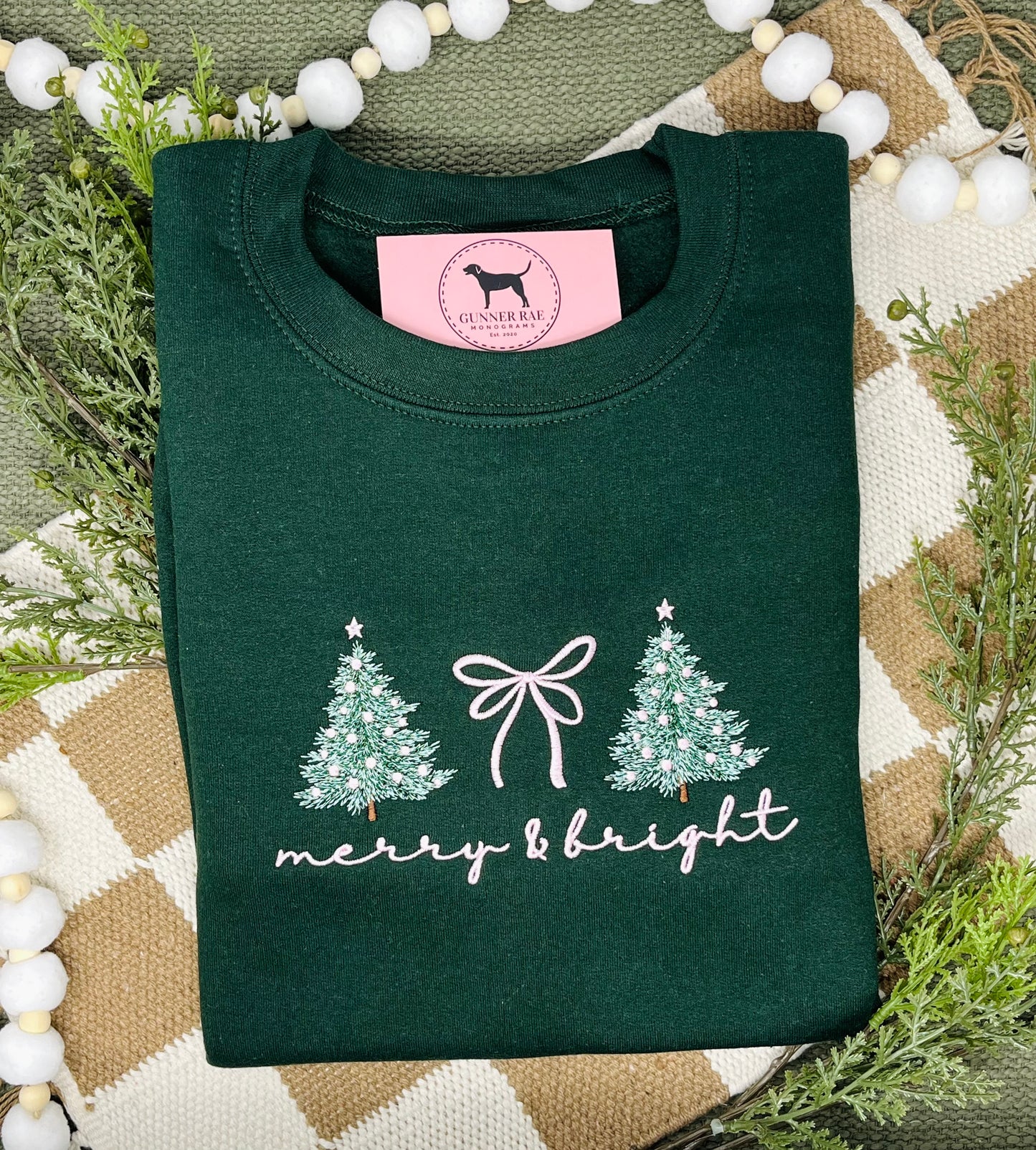 MERRY & BRIGHT BOW PINK Embroidered T-shirt or Sweatshirt