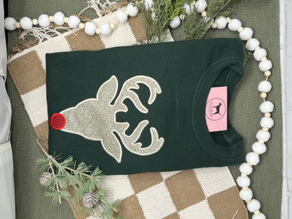 GLITTER CHRISTMAS DEER APPLIQUE Embroidered T-shirt or Sweatshirt