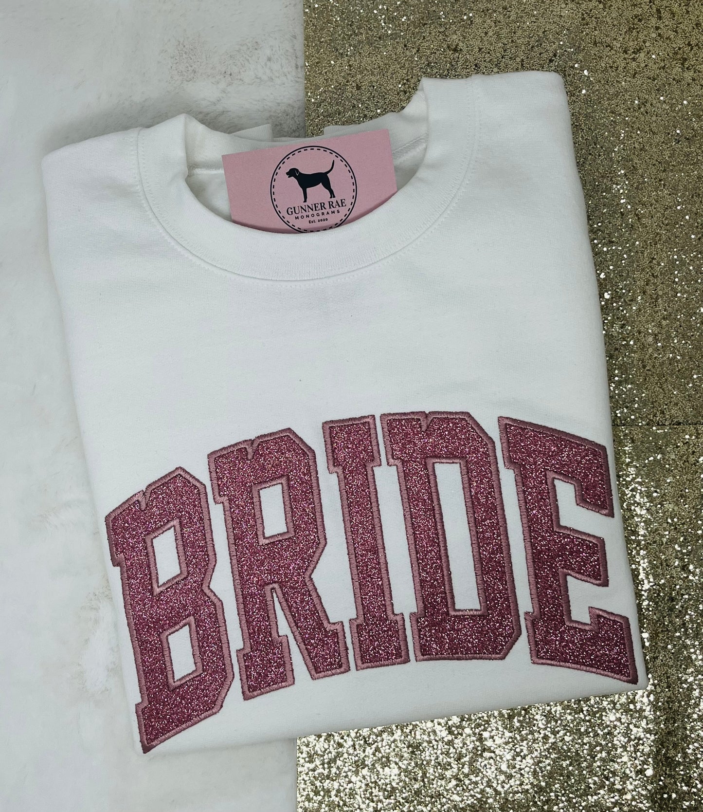 BRIDE ROSE PINK GLITTER Custom Applique Embroidered T-shirt or Sweatshirt