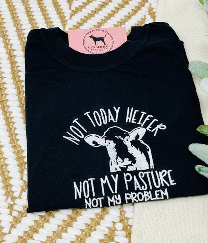 NOT TODAY HEIFER, NOT MY PASTURE, NOT MY PROBLEM Embroidered T-shirt or Sweatshirt