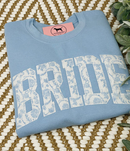 BRIDE BLUE FLORAL Custom Applique Embroidered T-shirt or Sweatshirt