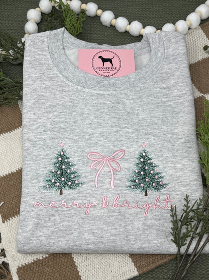 MERRY & BRIGHT BOW PINK Embroidered T-shirt or Sweatshirt