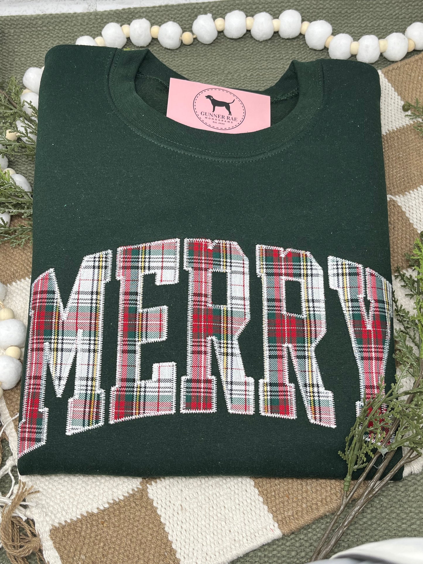 MERRY PLAID APPLIQUE Embroidered T-shirt or Sweatshirt